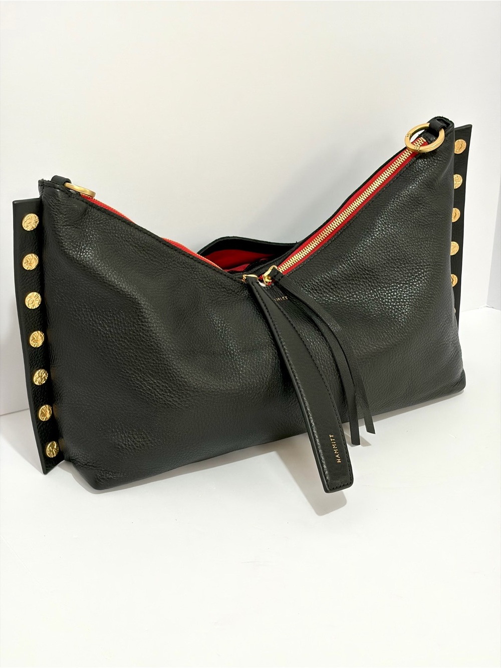HAMMITT Mr G. Shoulder Bag In Black Leather/Brushed Gold Hammered Rivets/Red Zip - Picture 8 of 15